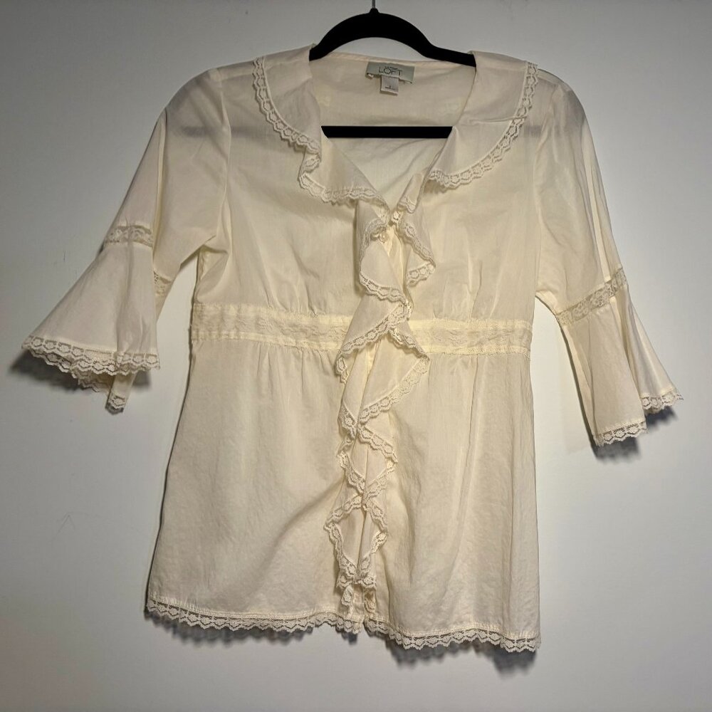 LOFT Ruffled Lace Button-Down Shirt - Size 2 - Ivory White